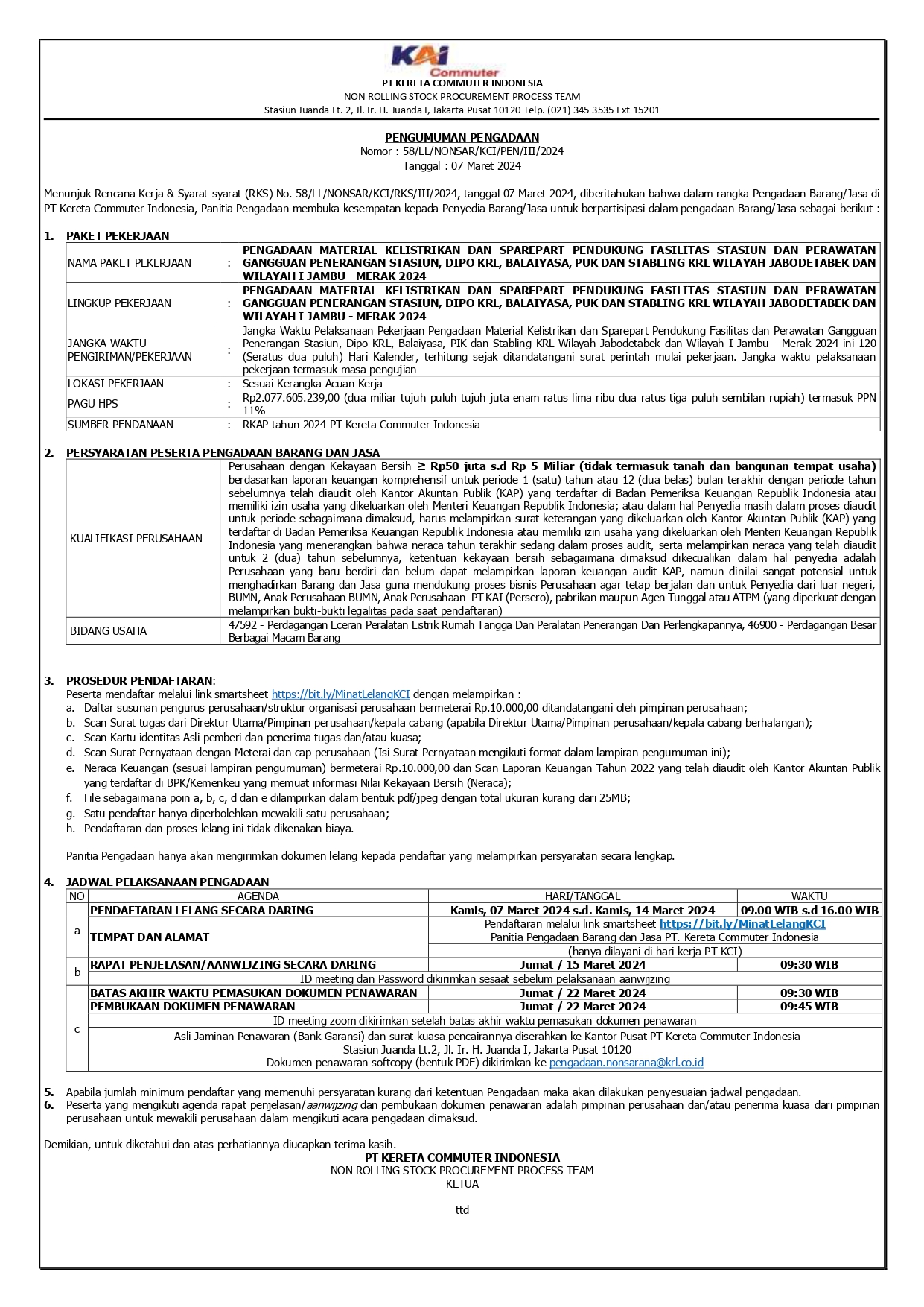 2 pengumuman 58 pengadaan material kelistrikan dan sparepart pendukung fasilitas stasiun page 0001
